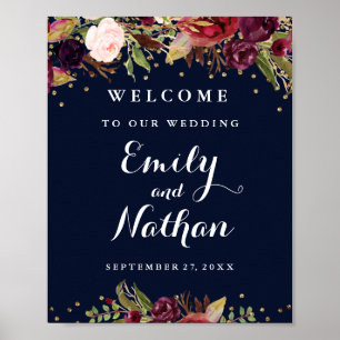 Uitnodigend Huwelijksbord Burgundy Goud Navy Bloem Poster