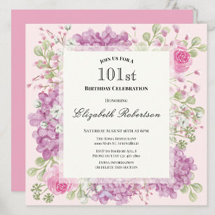 Uitnodiging 101e verjaardag Elegante Roze Bloemen