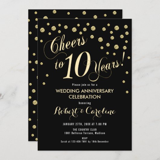 Uitnodiging 10-jarig huwelijksjubileum - Zwart & G (Voorkant / Achterkant)