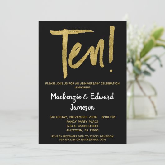 Uitnodiging 10-jarig jubileum Black Gold Script (Staand voorkant)