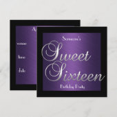 Uitnodiging 16 Birthday Paars Black Silver (Voorkant / Achterkant)