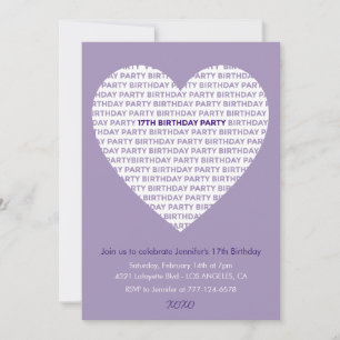 Uitnodiging 17e verjaardag typografie xoxo paars