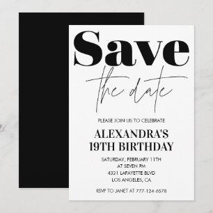 Uitnodiging 19e verjaardag Zwart Wit Save the date