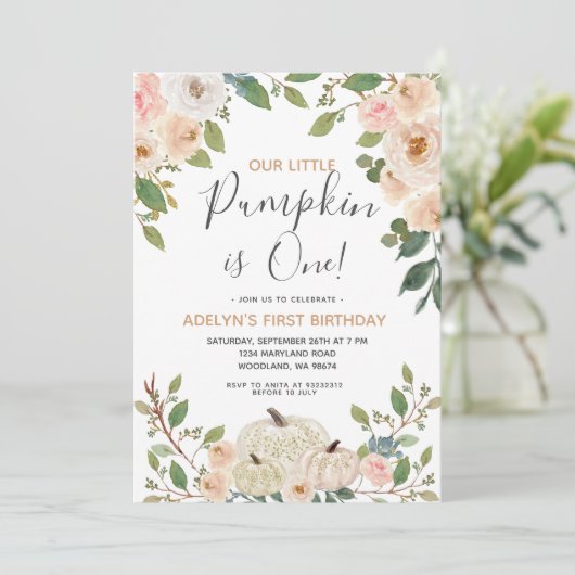 Uitnodiging 1e verjaardag met witte glinsterende p (Staand voorkant)