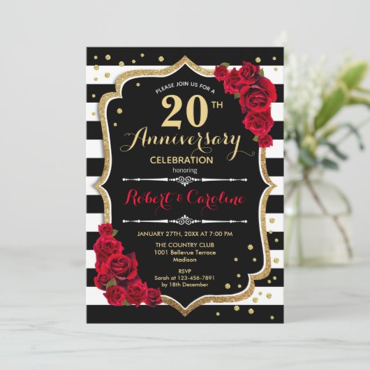 Uitnodiging 20-jarig jubileum - Rood Goud Zwart Wi (Staand voorkant)
