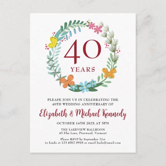 Uitnodiging 40-jarig jubileum Ruby bloemenkrans (Voorkant)