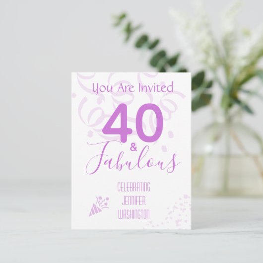 Uitnodiging 40e verjaardagsfeest met roze confetti (Staand voorkant)