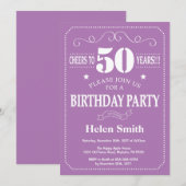 Uitnodiging 50e verjaardag paars en wit (Voorkant / Achterkant)