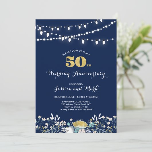 Uitnodiging 50ste huwelijksverjaardag Navy & Goud (Staand voorkant)