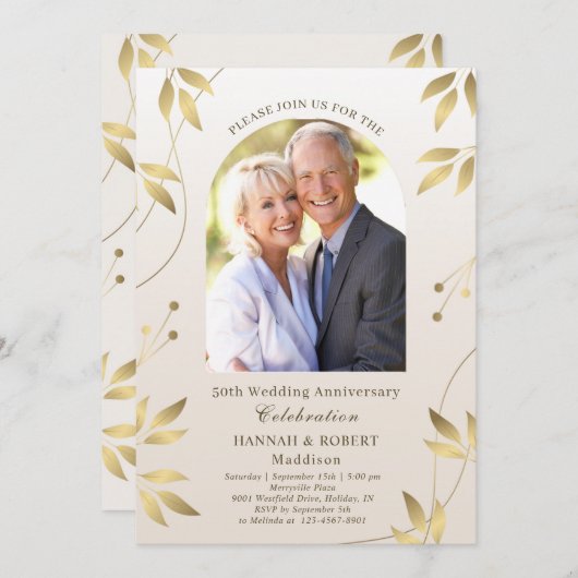 Uitnodiging 50ste trouwdag gouden bladeren (Voorkant / Achterkant)