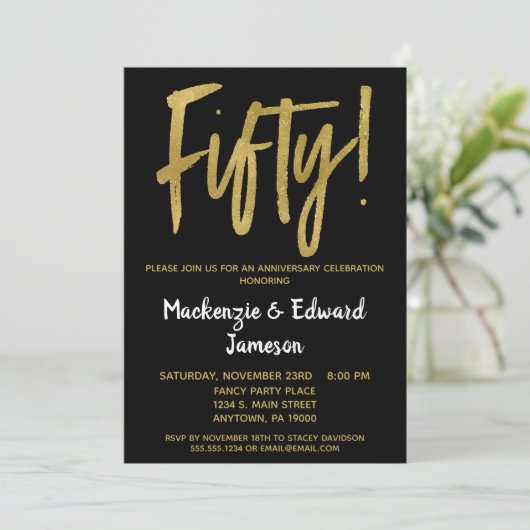 Uitnodiging 50ste verjaardag Black Gold Script (Staand voorkant)