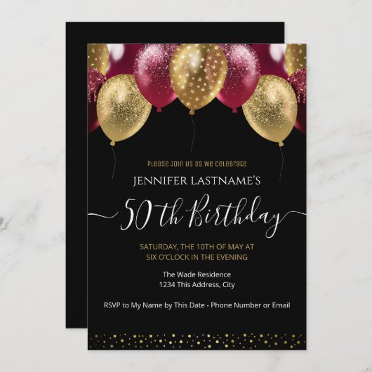 Uitnodiging 50ste verlichting rood en goud (Voorkant / Achterkant)