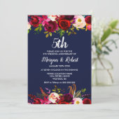 Uitnodiging 5e trouwdag Navy Blue Bloem (Staand voorkant)