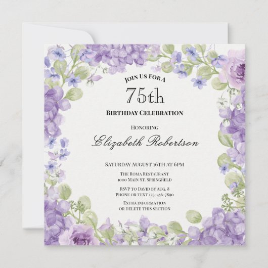 Uitnodiging 75e verjaardag Elegante paarse bloemen (Voorkant)