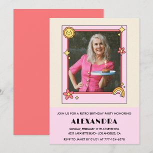Uitnodiging 75e verjaardag Retro Groovy Roze Bloem