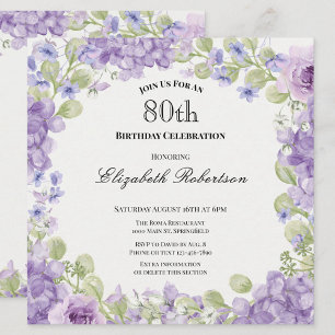 Uitnodiging 80ste verjaardag Elegant Paars Bloemmo