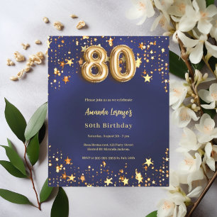 Uitnodiging 80ste verjaardag marineblauw gouden st