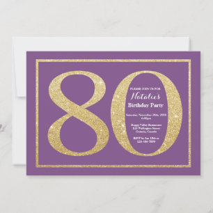 Uitnodiging 80ste verjaardag paars en goud glitter
