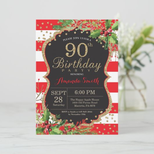 Uitnodiging 90e verjaardag. Kerstrood zwart goud (Staand voorkant)