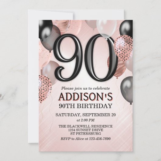 Uitnodiging 90e verjaardag roze gouden ballonnen (Voorkant)