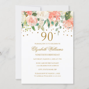 Uitnodiging 90ste verjaardag Peach Gold Bloemen