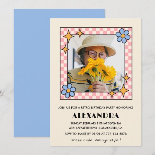 Uitnodiging 95ste verjaardag Retro Groovy Blauwe B (Voorkant / Achterkant)