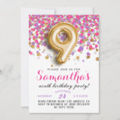 Uitnodiging 9e verjaardag met confetti (Voorkant)