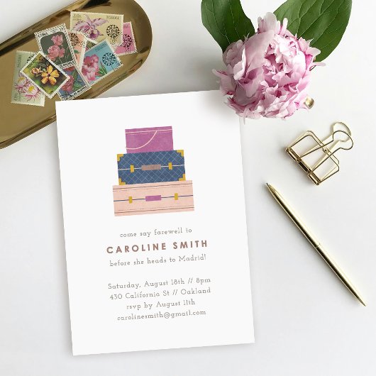 Uitnodiging afscheidslunch met blauwe paarse bagag