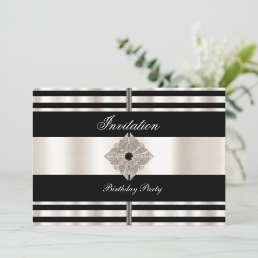 Uitnodiging art Deco Black Sepia Cream Stripe (Staand voorkant)