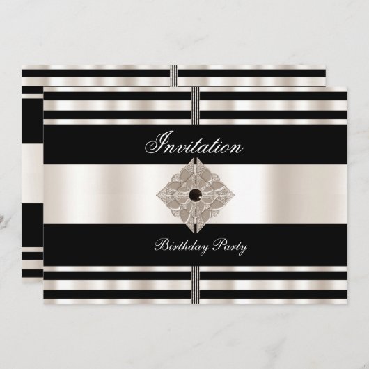 Uitnodiging art Deco Black Sepia Cream Stripe (Voorkant / Achterkant)
