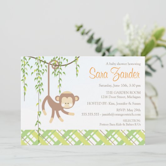 Uitnodiging baby shower - aap (Staand voorkant)