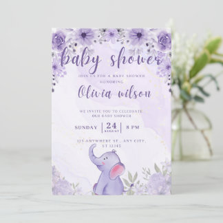 Uitnodiging baby shower paarse olifantsbloemen