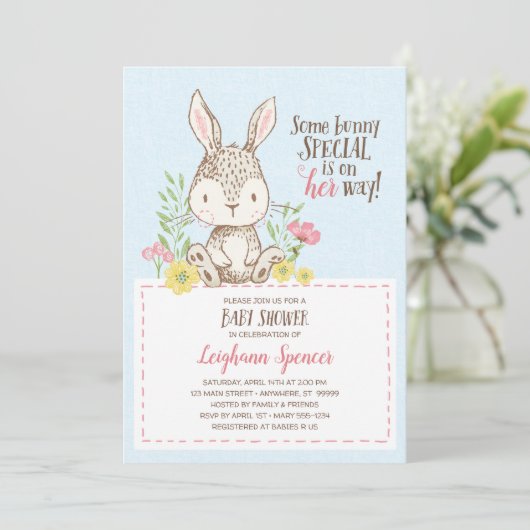 Uitnodiging Baby shower Spring Bunny (Staand voorkant)