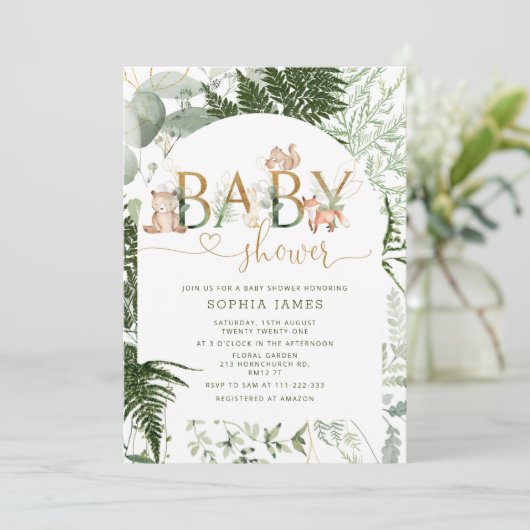 Uitnodiging baby shower Woodland (Staand voorkant)