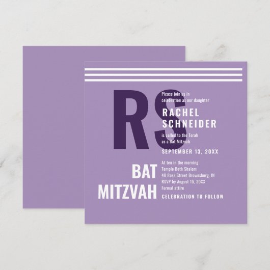 Uitnodiging Bat Mitzvah Moderne Monogram (Voorkant / Achterkant)