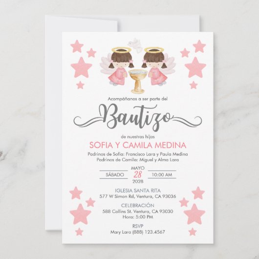 Uitnodiging Bautizo niñas Doop Schattigee tweeling (Voorkant)
