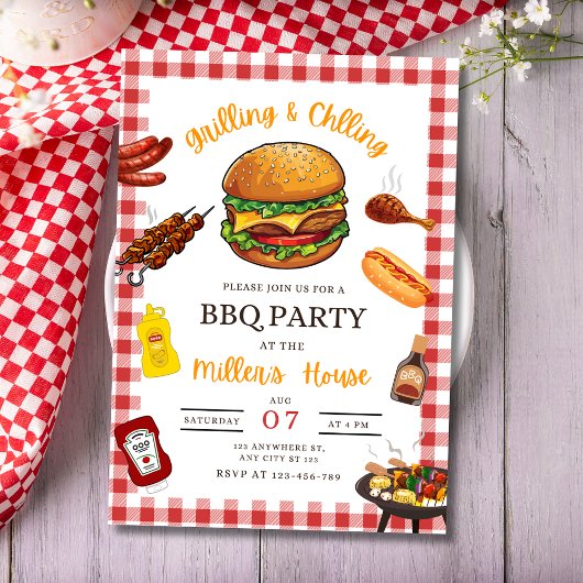 Uitnodiging BBQ-feest, achtertuin BBQ Grillen en c