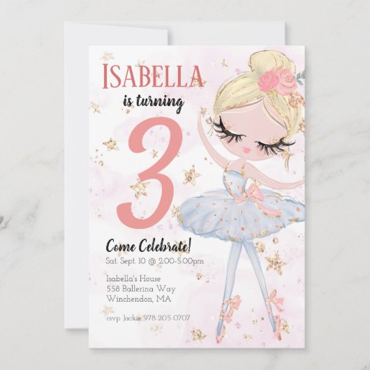 Uitnodiging Blonde Ballerina Birthday (Voorkant)