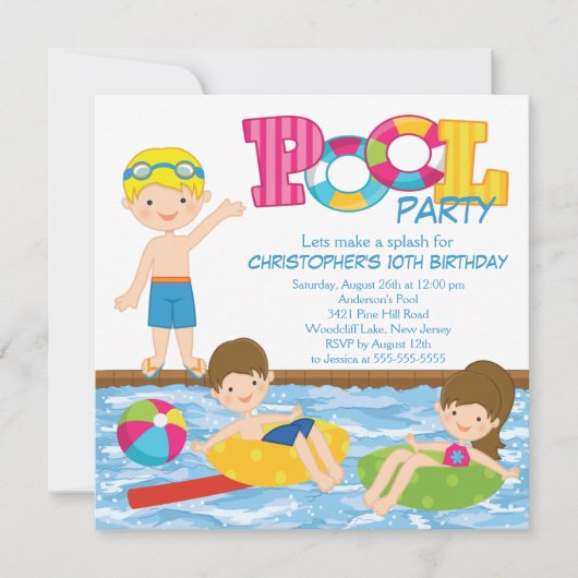 Uitnodiging Blonde Boy Birthday Summer Pool (Voorkant)