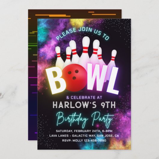 Uitnodiging Bowlingfeest voor Meisjes | Bowling Ui (Voorkant / Achterkant)