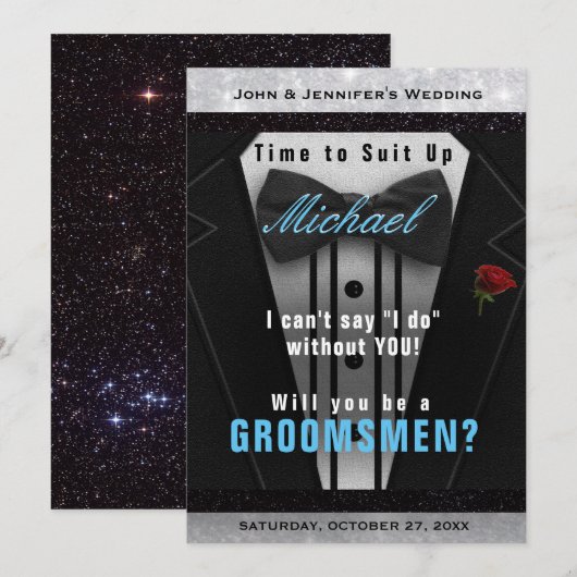 Uitnodiging bruidsjonker smoking pak aan (Voorkant / Achterkant)