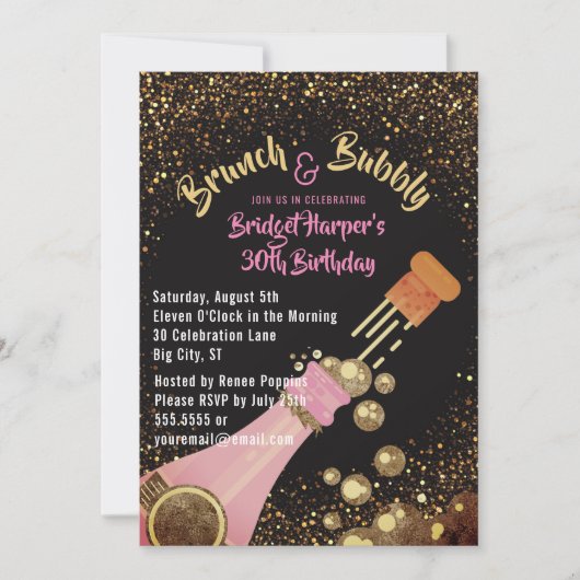 Uitnodiging Brunch en Bubble Champagne Birthday (Voorkant)