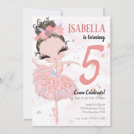 Uitnodiging Brunette Ballerina Birthday (Voorkant)