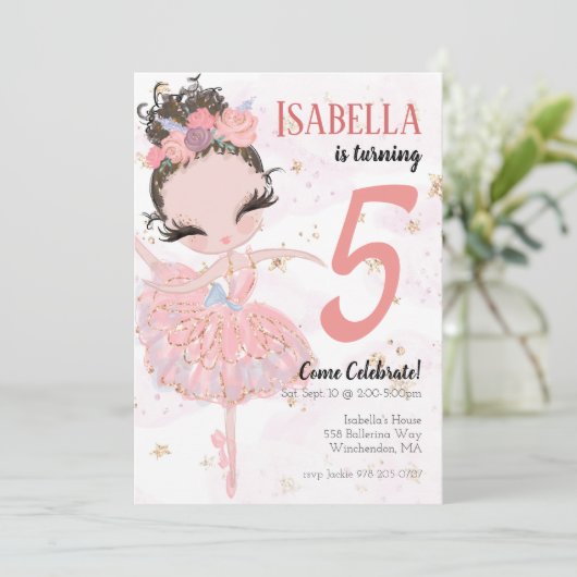Uitnodiging Brunette Ballerina Birthday (Staand voorkant)