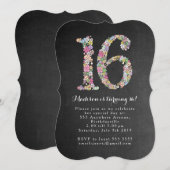 Uitnodiging Chalkboard Girls Floral 16e verjaardag (Voorkant / Achterkant)