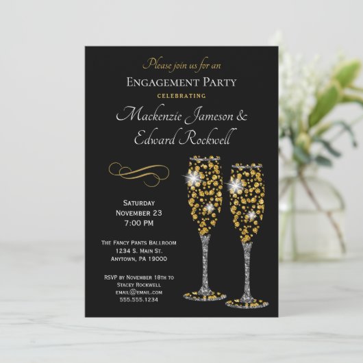 Uitnodiging Champagne Glam Black Engagement Party (Staand voorkant)