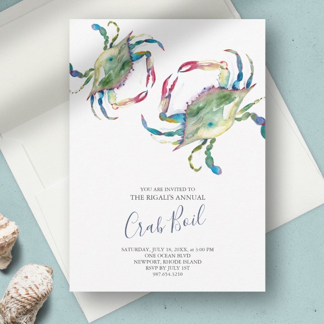 Uitnodiging Crab Boil Summer (low country boil invitations watercolor blue crab art by Victoria Grigaliunas Do Tell A Belle)