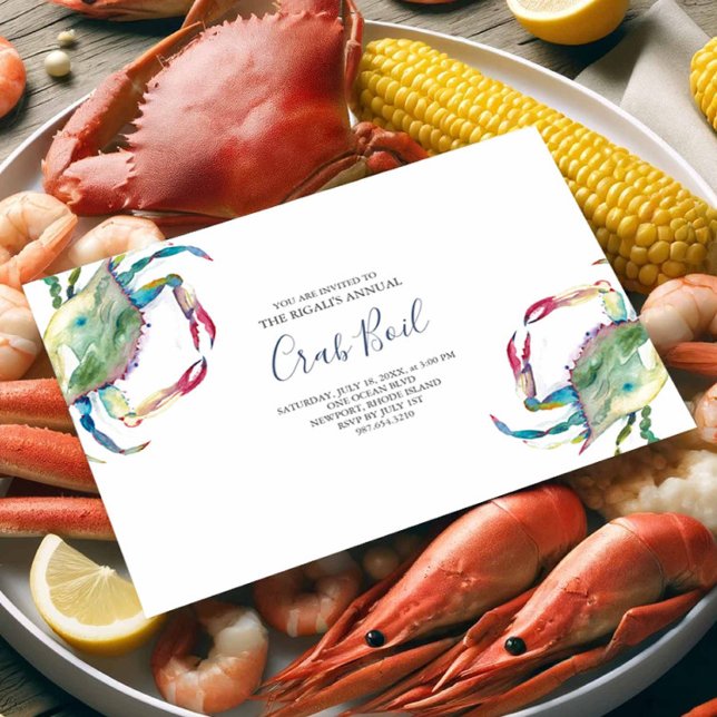 Uitnodiging Crab Boil Summer (Seafood invitations feature watercolor blue crab art by Victoria Grigaliunas of Do Tell A Belle)