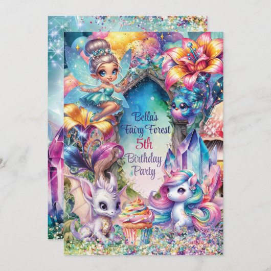 Uitnodiging Crystal Fairy Forest Feest (Voorkant / Achterkant)