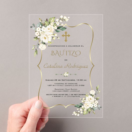 Uitnodiging De Bautizo Con Flores Gouden Doop Acryl Uitnodigingen (Insitu (Draagbaar))